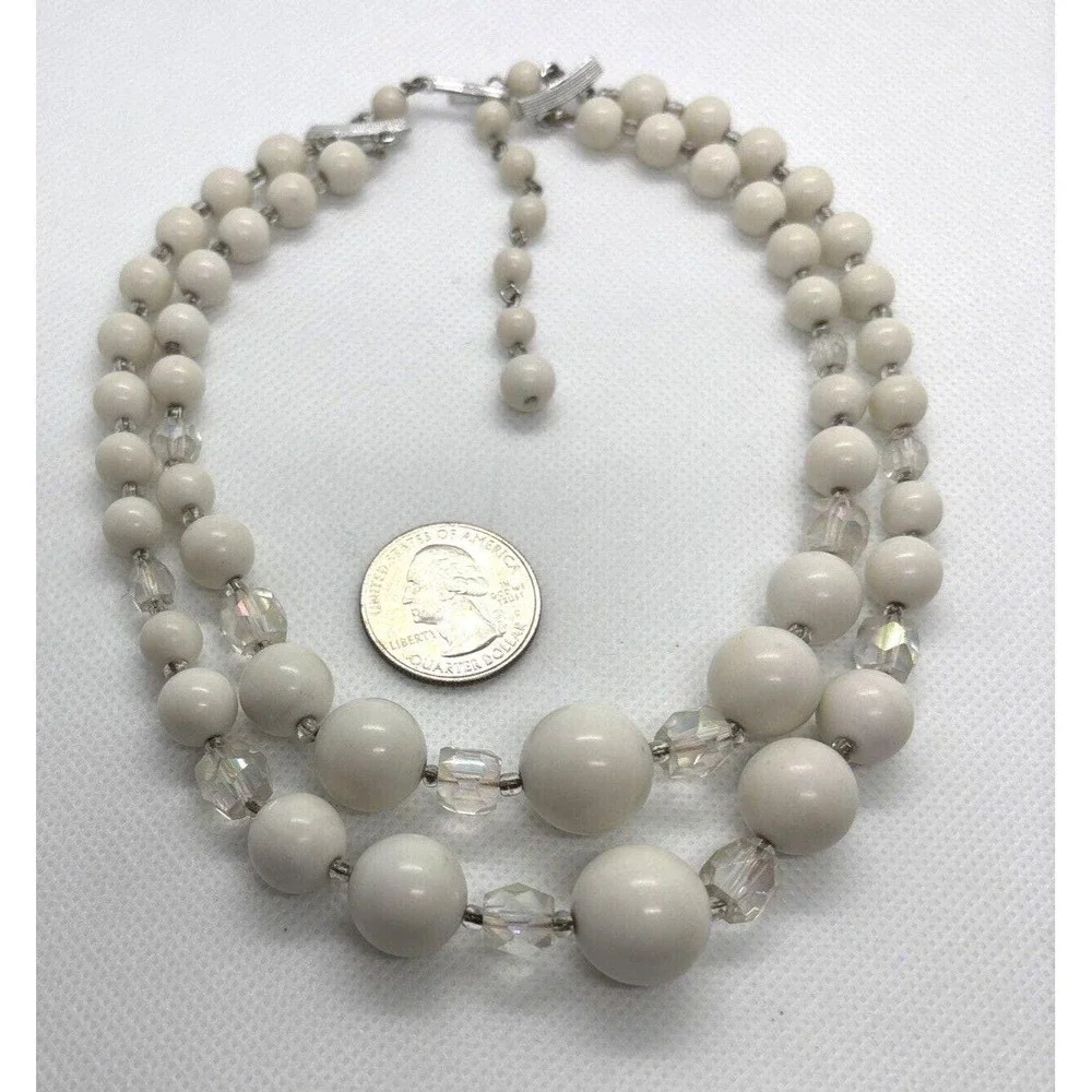 Vintage Japan White Beaded 2‎ Strand Graduated Bead 14 - 16'' Choker Necklace